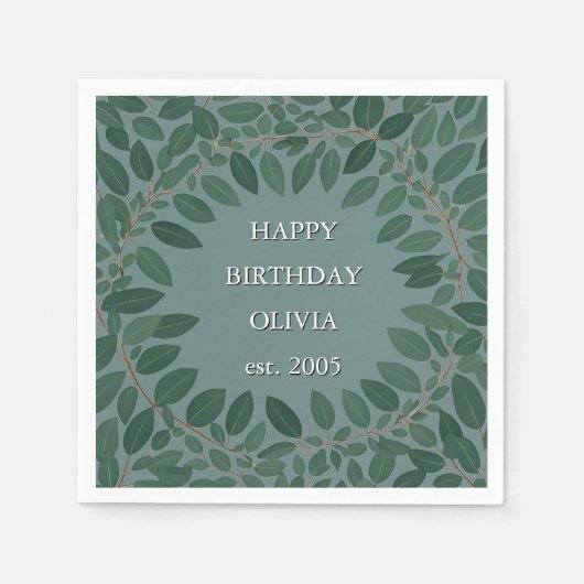 カスタム テキスト ユーカリ フレーム ナプキン – レトロ ブルー スタンダードカクテルナプキン (正面)