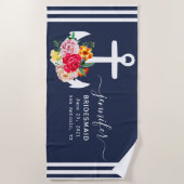 カスタム ネイティブ アンカー バスルーム オーシャン ネイビー ブルー ビーチタオル (正面)