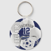 カスタム – ネイビーブルーとホワイトサッカー⚽ボール キーホルダー (正面)