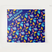 カスタム ネイビーブルー カラフル 恐竜 テーマ 誕生日 タペストリー (正面(横))