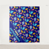 カスタム ネイビーブルー カラフル 恐竜 テーマ 誕生日 タペストリー (正面)