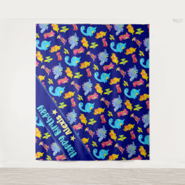 カスタム ネイビーブルー カラフル 恐竜 テーマ 誕生日 タペストリー