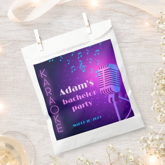 カスタム ネオン カラオケ ナイト バチェラーパーティー フェイバーバッグ (クリップ留めされた状態)