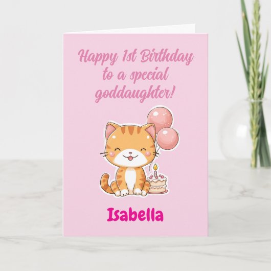 カスタム ハッピー1歳の誕生日おめでとう 名付け親の娘、子猫 カード (正面)