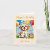 カスタム ハッピー 1歳の誕生日 おめでとう、子犬 カード (正面)
