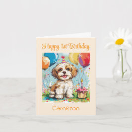 カスタム ハッピー 1歳の誕生日 おめでとう、子犬 カード