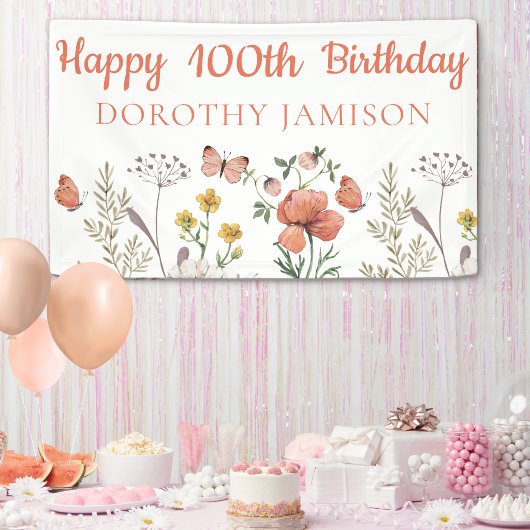 カスタム ハッピー 100歳の誕生日 おめでとう 野の花 横断幕