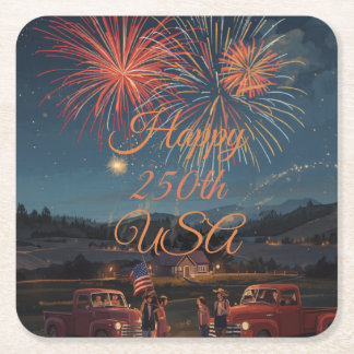 カスタム ハッピー 250周年 アメリカ愛国的な花火 スクエアペーパーコースター