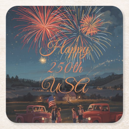 カスタム ハッピー 250周年 アメリカ愛国的な花火 スクエアペーパーコースター (正面)