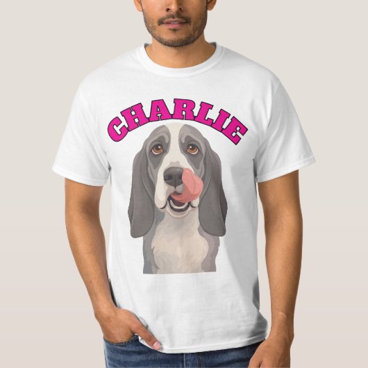 カスタム バセットハウンド 鼻をなめる アート Tシャツ (正面)