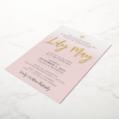 カスタム バー ミツバ祝福招待状 淡いピンク ゴールド リリー メイ 箔招待状 (回転した状態)