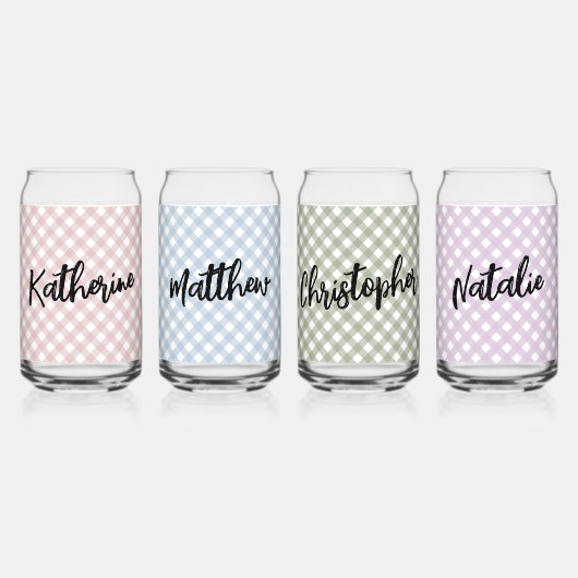 カスタム パステル ピンク 青 緑 紫 チェック柄 パターン ガラス缶 (正面)