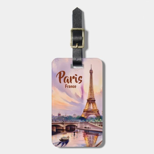 カスタム パリ フランス エッフェル塔 夕焼け 水彩画 ラゲッジタグ (正面縦)