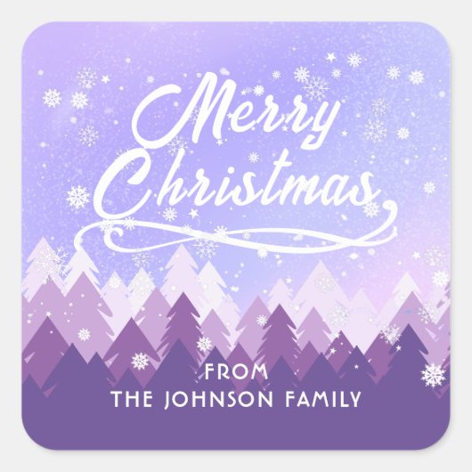 カスタム パープル ホワイト スノー ピースフル フォレスト クリスマス スクエアシール (正面)