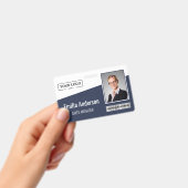 カスタム ビジネス ロゴ バーコード 写真 従業員 青 バッジ (手持ち)