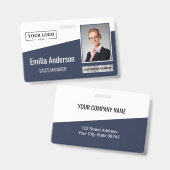 カスタム ビジネス ロゴ バーコード 写真 従業員 青 バッジ (正面＆裏面)