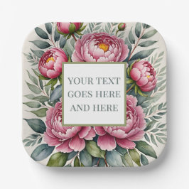 カスタム ピオニー ローズ ピンク 水彩花 ペーパープレート