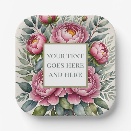 カスタム ピオニー ローズ ピンク 水彩花 ペーパープレート (正面)