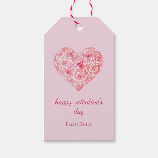 カスタム ピンク ウォーターカラー ローズ ハート バレンタインデー ギフトタグ (正面)