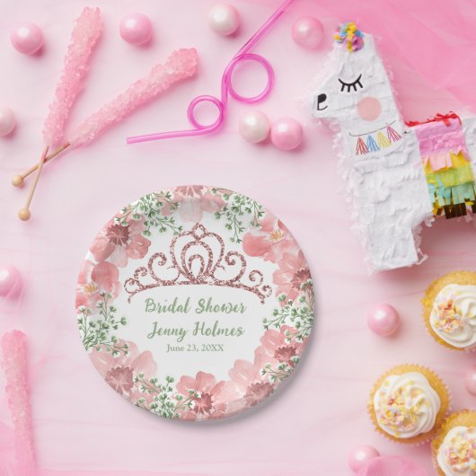 カスタム ピンク グリッター クラウン ピンクのバラ グリーン ペーパープレート (パーティー)