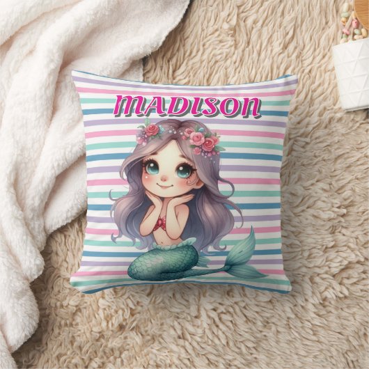 カスタム ピンク マーメイド ストライプ 柄 クッション (ブランケット)