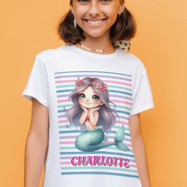 カスタム ピンク マーメイド ストライプ 柄 Tシャツ
