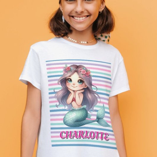 カスタム ピンク マーメイド ストライプ 柄 Tシャツ