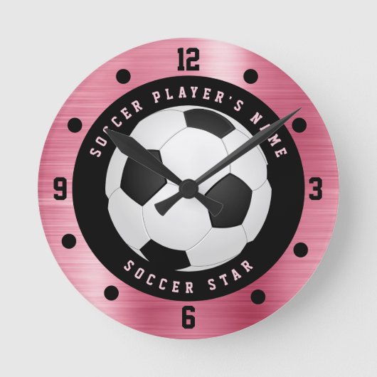 カスタム ピンク 女子 サッカー ボール フットボール 丸 時計 (正面)