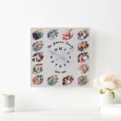 カスタム ファミリー フォト コラージュ ライト グレー グレイ スクエア壁時計 (ホーム)