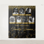 カスタム ファミリー リユニオン バナー、7 フォト ブラック ゴールド タペストリー (正面)