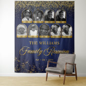 カスタム ファミリー リユニオン バナー、9 フォト ブルー ゴールド タペストリー (インサイチュ)