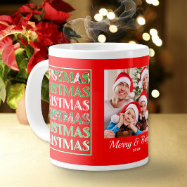 カスタム フェスティブ 赤 緑 クリスマス 写真 ジャンボコーヒーマグカップ