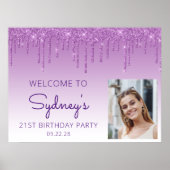 カスタム フォト パープル グリッター 21歳の誕生日おめでとう ポスター (正面)