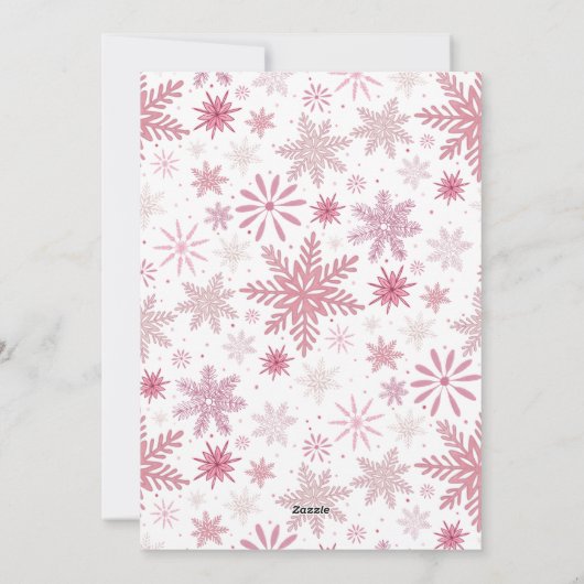 カスタム フォト ピンクの雪の結晶 クリスマス グリーティング (裏面)