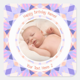 カスタム フォト 名前 年齢 ピンク パープル 誕生日 星 スクエアシール