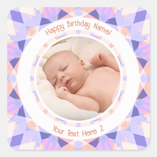 カスタム フォト 名前 年齢 ピンク パープル 誕生日 星 スクエアシール (正面)