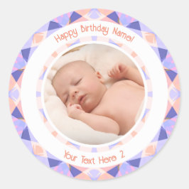 カスタム フォト 名前 年齢 ピンク パープル 誕生日 星 ラウンドシール