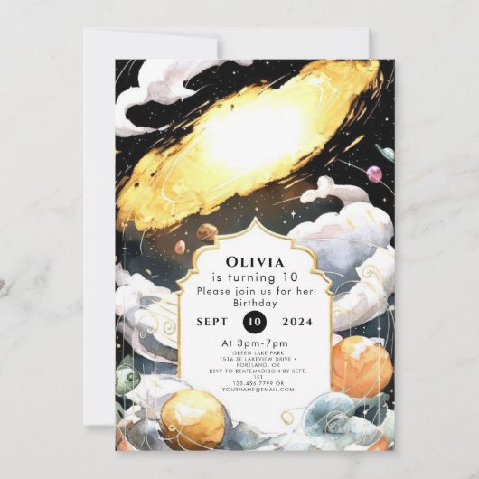 カスタム フォーリング スターズ 宇宙 誕生日 招待状 (正面)