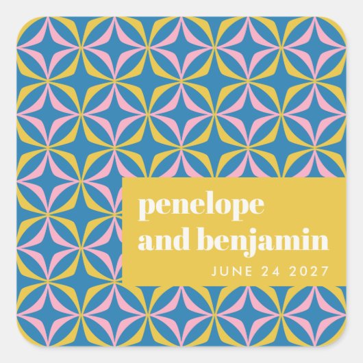 カスタム ブライトブルー レトロ タイポグラフィー ウェディング スクエアシール (正面)