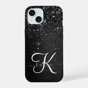カスタム ブラック ギッター スパークル モノグラム iPhone 15ケース