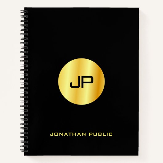 カスタム ブラック ゴールド モノグラム エレガント モダン ノートブック (正面)