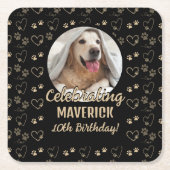 カスタム ブラック ゴールド 写真 足跡 犬の誕生日 スクエアペーパーコースター (正面)