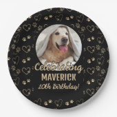 カスタム ブラック ゴールド 写真 足跡 犬の誕生日 ペーパープレート (正面)