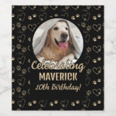 カスタム ブラック ゴールド 写真 足跡 犬の誕生日 ワインラベル (シングルラベル)