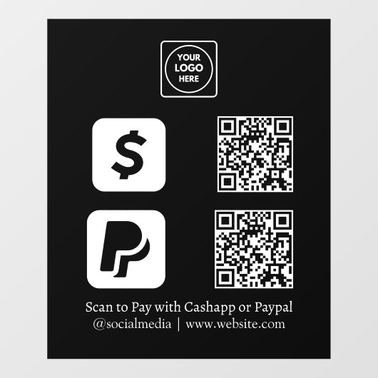 カスタム ブラック QR 決済 | CashApp & PayPal 表示 ウィンドウサイン (シート)
