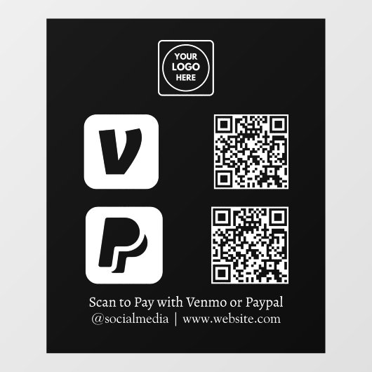 カスタム ブラック QR 決済 | Venmo & PayPal 表示 ウィンドウサイン (シート)