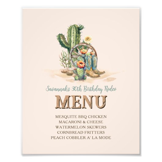 カスタム ブラッシュ ピンクカウガール アップ ロデオ パーティー メニュー サイン (正面)