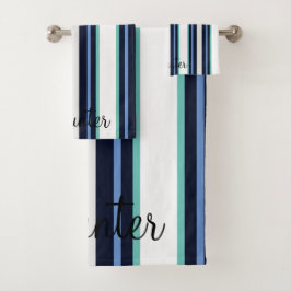 カスタム ブルー アンド ティール モダン カリグラフィー ファミリー バスタオルセット