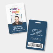 カスタム ブルー ネーム ロゴ フォト バーコード 従業員 バッジ (正面&裏面)