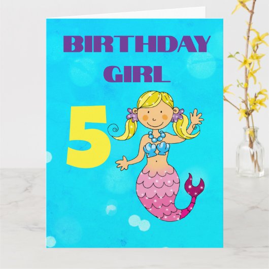 カスタム ブロンド ヘア マーメイド 5歳の誕生日 おんなのこ カード (黄色い花)